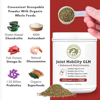 Wholistic Pet Organics Joint Mobility GLM - 1 Lb - Hip and Joint Supplement for Dogs - Glucosamine for Dogs - Chondroitin Supplement with Green Lipped Mussels - Senior to Puppy - Large & Small Breeds