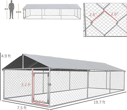 PawHut Large Dog Kennel Outside, Heavy Duty Dog Cage with Waterproof Cover, Outdoor Fence Dog Run with Galvanized Chain Link, Secure Lock, 19.7' x 7.5' x 4.9'