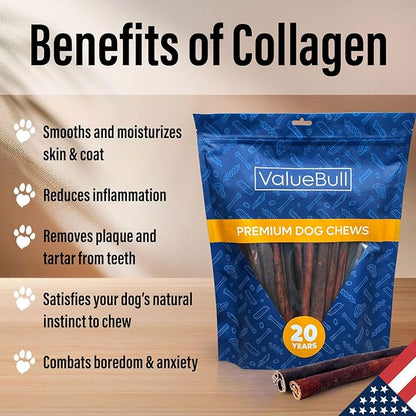 ValueBull USA Collagen Sticks for Dogs, 12 Inch Medium Chews, Natural Long-Lasting Dog Treats, 25 Count - Promotes Joint, Skin & Coat Health with Glucosamine and Chondroitin