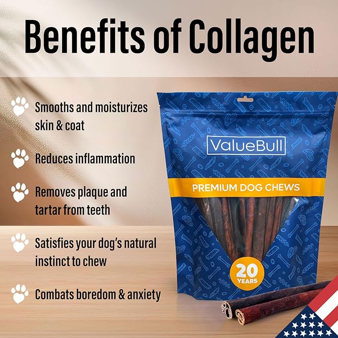 ValueBull USA Collagen Sticks for Small Dogs, 12 Inch Thin Chews, Natural Dog Treats, 25 Count - Promotes Joint, Skin & Coat Health with Glucosamine and Chondroitin