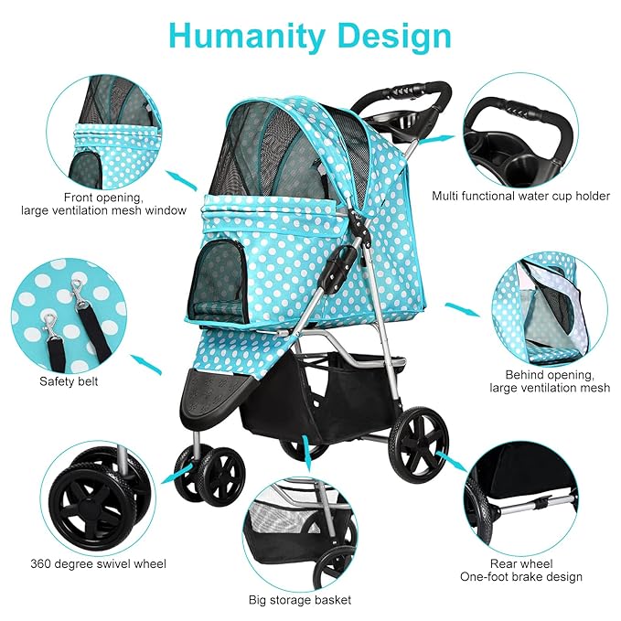 Dog Stroller for Small Dogs, Portable Pet Stroller for Cats Folding Puppy Stroller Lightweight Dog Cat Cage Jogger Stroller with Storage Basket and Cup Holder, 3 Wheels, Polka Blue