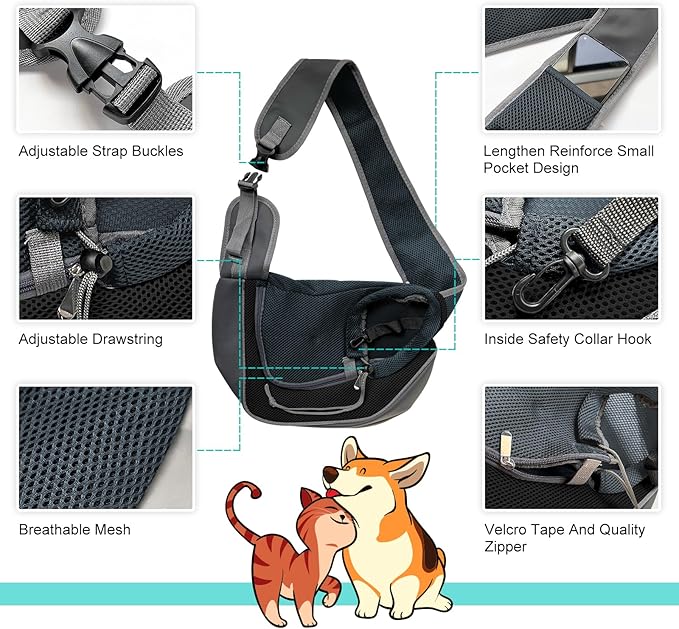 Dog Sling Carrier, Up to 5 lbs, Breathable Mesh Hand-Free Bag for Small Dogs Cat for Traveling, Hiking, Medium, Black