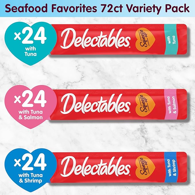 Delectables Squeeze Up Seafood Variety Pack, Creamy Squeezable Puree, Lickable Wet Cat Treats, Grain Free, No Added Fillers, No by-Products, No Added Preservatives, 0.5 Ounces Tube, 72 Tubes Total