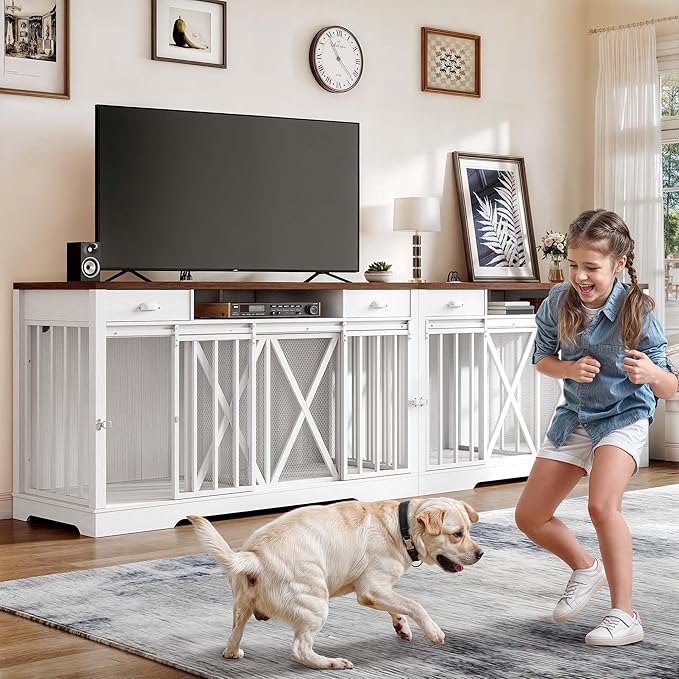 DWVO 63 Inch Double Dog Crate Furniture for 2 Dogs, Heavy Duty Wooden Dog Crate TV Stand with Charging Station, Dog Kennel Indoor Furniture Double Sliding Barn Door Design Ideal for 2 Dogs, White