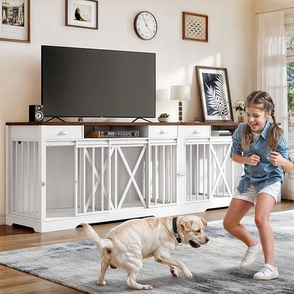 DWVO 63 Inch Double Dog Crate Furniture for 2 Dogs, Heavy Duty Wooden Dog Crate TV Stand with Charging Station, Dog Kennel Indoor Furniture Double Sliding Barn Door Design Ideal for 2 Dogs, White