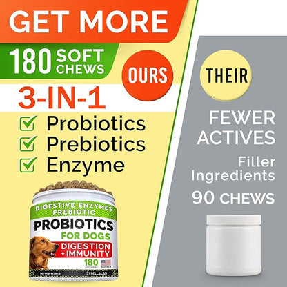 Dog Probiotics Treats for Picky Eaters Bundle + Fish Oil Omega 3 Treats for Dogs - Allergy Relief, Joint Health, Itch Relief. Skin & Coat Supplement + Enzymes + Prebiotics for Digestion Support