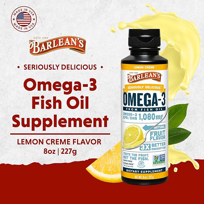 Barlean's Lemon Creme Omega 3 Fish Oil Supplements - 1080mg of EPA/DHA for Brain, Heart, Joint, & Immune Health - All-Natural Fruit Flavor, Non GMO, Gluten Free - 8-Ounce