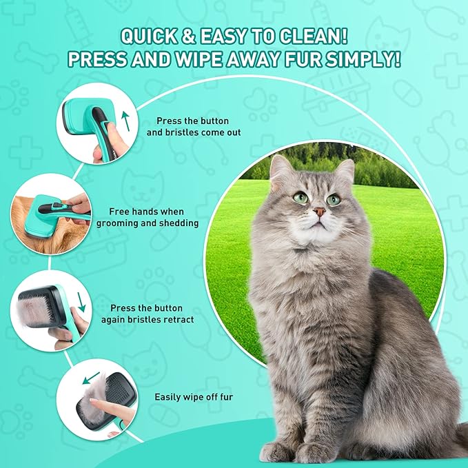 Dog Brush for Shedding, Self-Cleaning Slicker Brush, Short & Long Haired Pets, Removes Mats, Tangles, Loose Fur, Gentle on Skin, Ideal for Small, Medium, Large Dogs, Pet Comb, Aqua Green