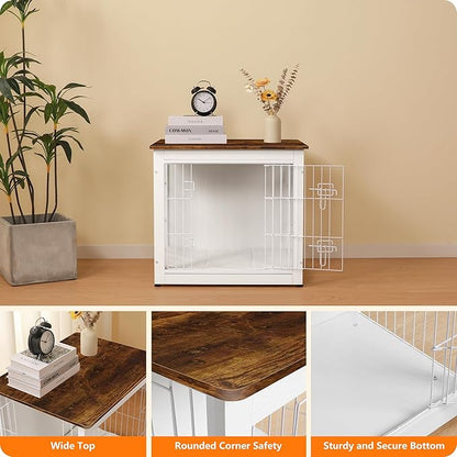 DWANTON Dog Crate Furniture with Cushion, Wooden Dog Crate with Double Doors, Dog Furniture, Dog Kennel Indoor for Small Dogï¼_nd Table, 27.2" L, White+Rustic Brown