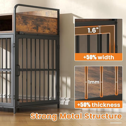 Semoic Large Dog Crate Furniture with Drawers Storage, Puppy Dog Kennel Indoor with Double Doors, Heavy Duty Wooden Dog Cage Table, Sturdy Metal, Rustic Brown