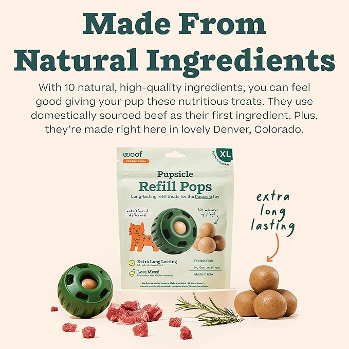 WOOF Pupsicle Refill Pops - Low-Mess Dog Snacks - with Peanut Butter and Beef - Dog Treats - Long Lasting - XL Pops - 5 Count