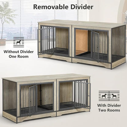 Rovibek 75 Inch Dog Crate Furniture for 2 Dogs, Wooden Dog Cage Furniture, Decorative Dog Kennels with Double Doors, Double Dog Kennel Furniture, Dog Crate TV Stand for Large Dogs, Grey