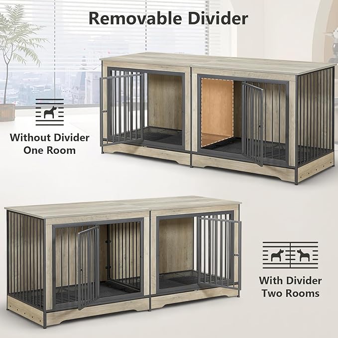 Rovibek 75 Inch Double Dog Crate Furniture with Double Doors, Removable Divider for Large Medium Dogs, Grey
