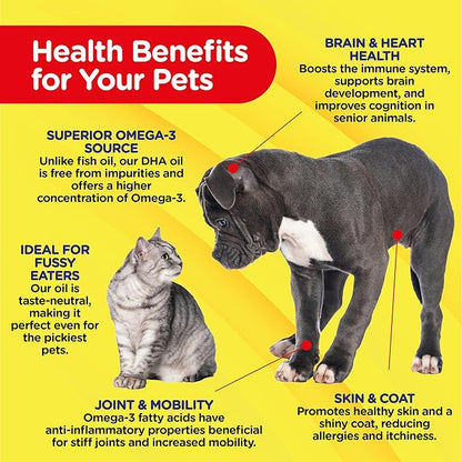 PetJesty Pure Omega 3 Oil for Dogs & Cats 26.39oz - Omega 3 Skin & Coat Support- Liquid Food Supplement for Pets - Vegan pet + DHA for Joint Function, Immune & Heart Health, Non Fish Oil Dog and Cat