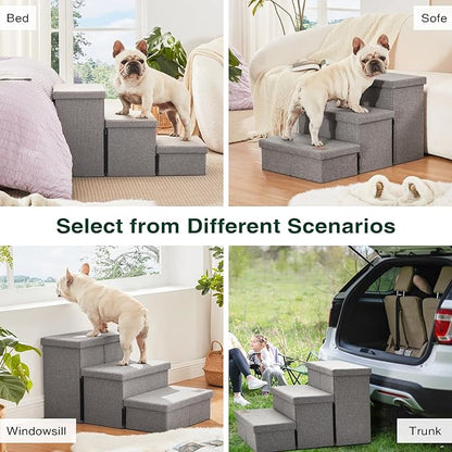 Love's cabin Dog Stairs for High Bed 18"H,Foldable Pet Stairs for Small Medium or Large Dogs Puppy with Storage for Bed or Couch, Cat Dog Steps Ramp with Zip up to 210 lbs(Solid Grey,3 Steps no Condo)