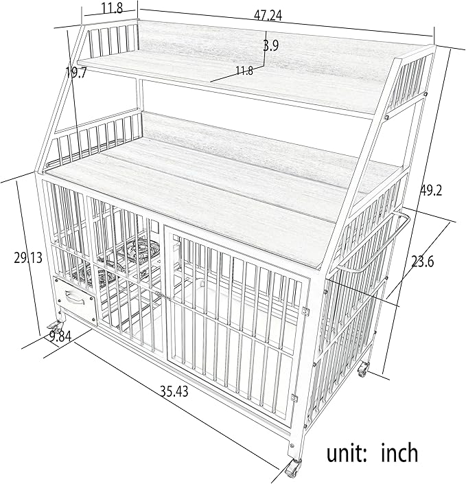 KEIKI 47 Inch Dog Crate Furniture for Large Medium Dogs, with Storage Shelves and Bowls, Indoor Dog Cage with 360° Caster Wheels & Flip-top Plate, Grey