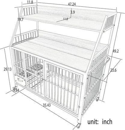 KEIKI 47 Inch Dog Crate Furniture for Large Medium Dogs, with Storage Shelves and Bowls, Indoor Dog Cage with 360° Caster Wheels & Flip-top Plate, Grey