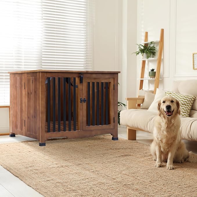 Wooden Dog Crate Furniture,Foldable and Portable Dog Kennel Furniture Indoor,Decorative Dog Crate End Table No Assembly.(Large,Brown)