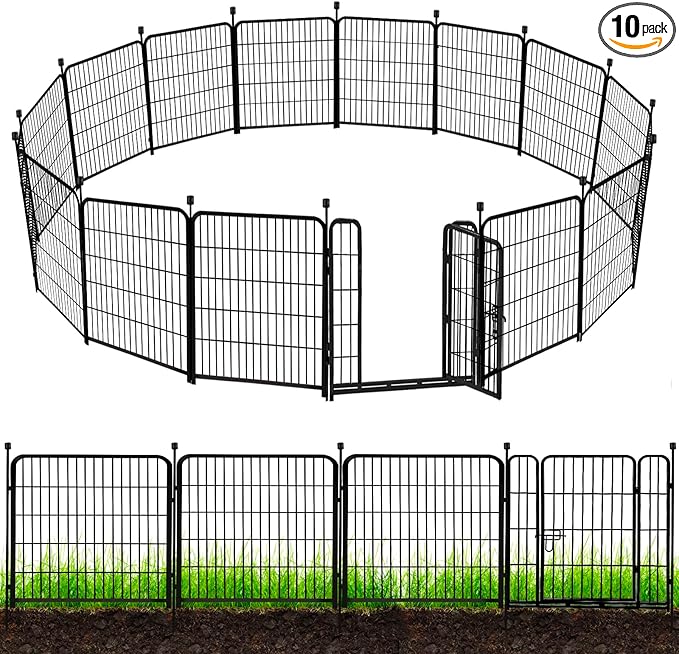 ADAVIN Tall Garden Fence 54 in(H)_22.1 Ft(L),10 Panels Dog Fence Outdoor for Yard, Heavy Duty Iron Metal Fence with Gate Low Threshold, No Dig Fence Panels, Animal Barrier Fence, Black