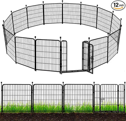 ADAVIN Tall Garden Fence 48 in(H) 12 Panels Total 26.6 FT(L), Heavy Duty Iron Metal Fence and Border, Flower Bed Fencing, outdoor Animal Barrier Fence, Dog Fences with gate for the Yard Camping, Black
