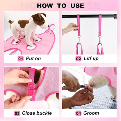 Dog Grooming Hammock, Adjustable Pet Grooming Hammock Restraint for Nail Trimming, Breathable Dog Sling Harness with Nail Clippers& Nail File (Pink, Large)