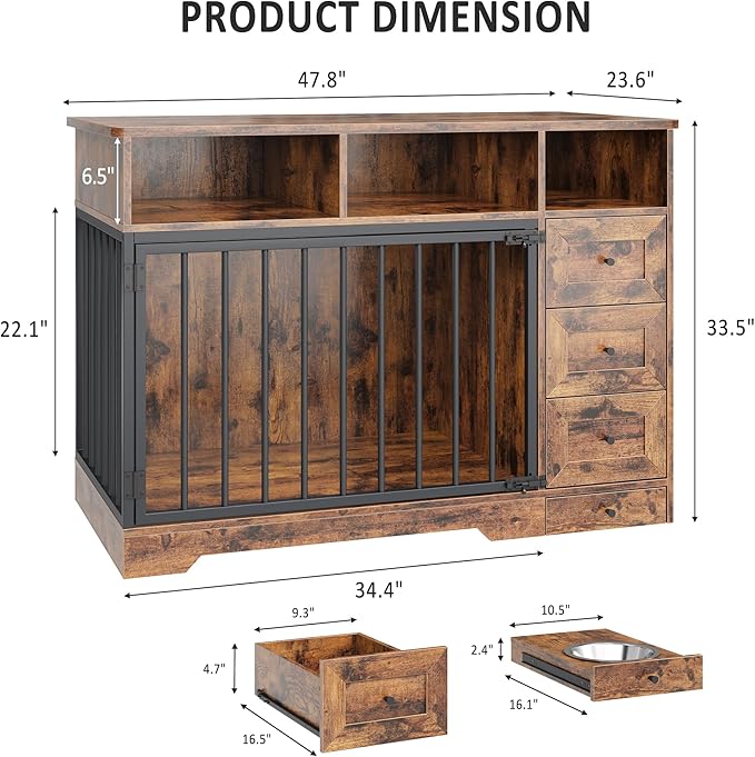 Dog Crate Furniture for Small Dogs, Wooden Dog Kennel Indoor with Storage Shelves, 3 Drawers & Hidden Bowl, Modern Pet Cage Side End Table, up to 120 lb, 48" L, Steel Lock, Retro Brown