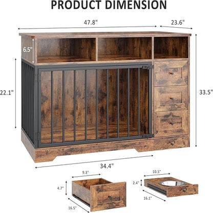 Dog Crate Furniture for Small Dogs, Wooden Dog Kennel Indoor with Storage Shelves, 3 Drawers & Hidden Bowl, Modern Pet Cage Side End Table, up to 120 lb, 48" L, Steel Lock, Retro Brown