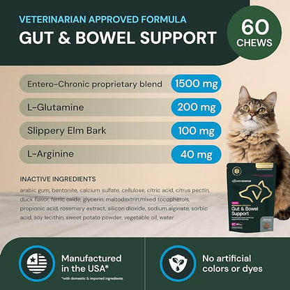 VETRISCIENCE Veterinary Strength Gut & Bowel Support for Dogs & Cats - Pet Digestive Health Supplement - Gut Health Formula - Intestinal Support - Duck Flavor - 60 Count