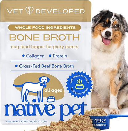 Native Pet Bone Broth for Dogs and Cats - Made with Real Beef Bone Broth, Dog Food Toppers for Picky Eaters- Provides Extra Hydration & Nutrition for Joint Strength, Immunity & Heart Health-192 Scoops