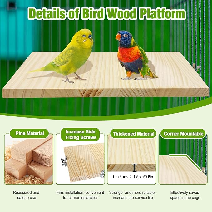 2PCS 13.8x7.9 inches Large Bird Perch Stand Wooden Parakeet Stand Platform Parrot Cage Accessories Rectangle Corner Stand Perch Shelf for Budgie Cockatiel Conure Macaw African Grey Chinchilla