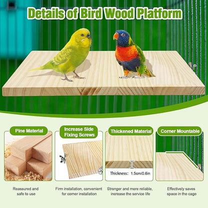 2PCS 13.8x7.9 inches Large Bird Perch Stand Wooden Parakeet Stand Platform Parrot Cage Accessories Rectangle Corner Stand Perch Shelf for Budgie Cockatiel Conure Macaw African Grey Chinchilla