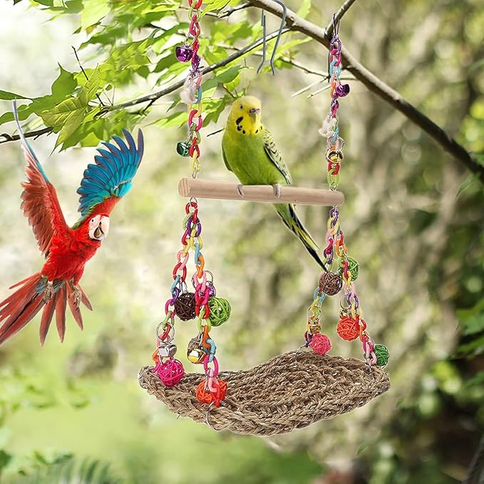 Bird Swing Toys with Wood Perch, Seagrass Woven Parrot Platform Bird Climbing Hanging Hammock Bird Perch Stand Chewing Toy for Parakeets,Budgie, Conure, Cockatiel,Lovebird
