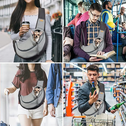 Cuby Pet Dog Sling Carrier for Small Dogs Cats,Drawstring & Zipper & Special Security Hook Triple Designs for Pets' Securty,Breathable Mesh Travel Dog Carrier Slings with Adjustable Strap (L, Grey)