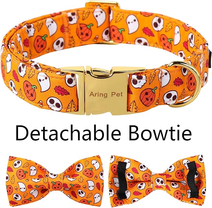 ARING PET Halloween Dog Collar-Cotton Pumpkin Dog Collar with Bow, Adjustable Halloween Themed Bowtie Dog Collars Pet Necklace with Metal Buckle for Girl&Boy Dogs