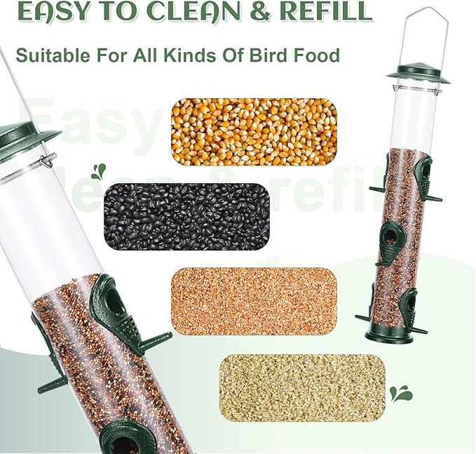 MIXXIDEA 2PK Metal Bird Feeders with 6 Feeding Ports,Tube Bird Feeder with Steel Hanger,Wild Bird Feeder for Outdoors Hanging, Attracting Birds in Your Lawn, Garden, Balcony (Green)