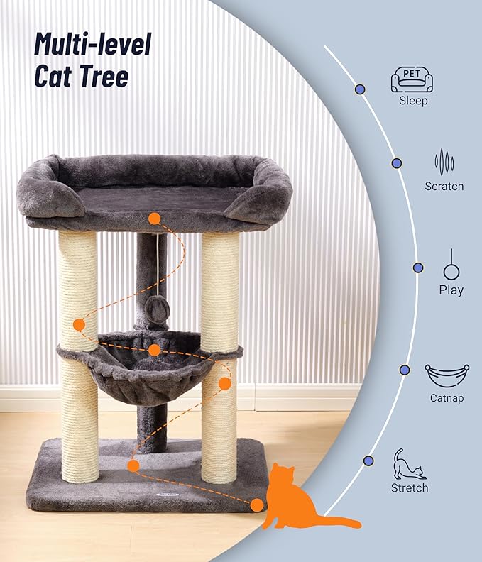 Happi N Pets 28" Cat Tree Tower for Indoor Cats, Tall Cat Scratching Post with Large Bed for Maine Coon Big Cats, Sisal Cat Scratcher with Soft Perch & Hammock, Stable Cat Stand, Removable Cover-Gray