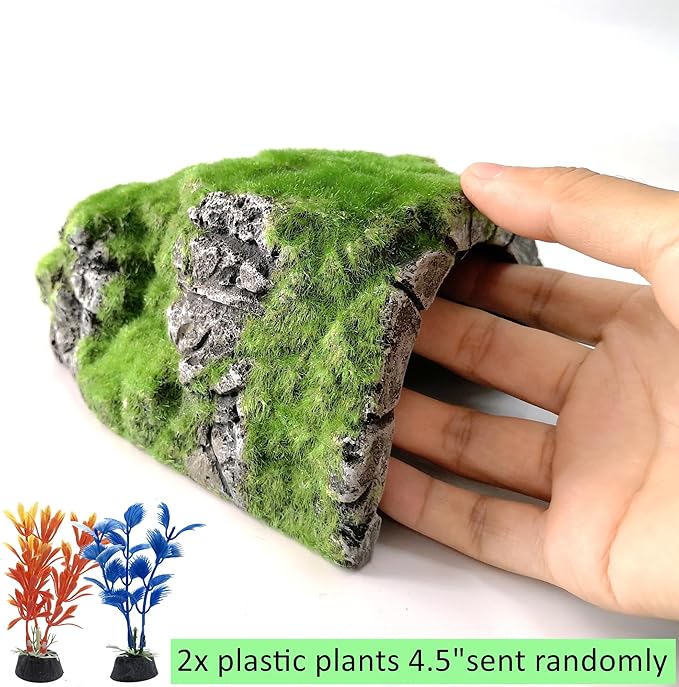 M2cbridge Aquarium Decorations Fish Hideout House Betta Cave with Green Lifelike Moss (Betta Rock Cave)