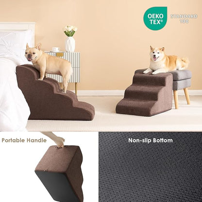 EHEYCIGA Curved Dog Stairs Ramp for High Beds 19.7" H, 4-Step Dog Steps for Small Dogs and Cats, Pet Stairs for High Bed Climbing, Non-Slip Balanced Pet Step Indoor, Brown