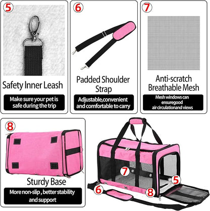 Soft Sided Cat/Dog Carrier,Collapsible Pets Travel Carriers for Pet/Puppy with Shoulder Strap & Removable Mat,Mesh Top Load Small Dogs/Cats Carry Bag Up to 17 Lbs TSA Airline Approved（Pink,M）