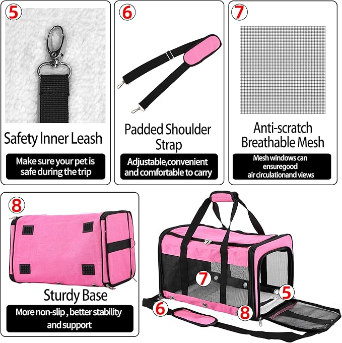 Soft Sided Cat/Dog Carrier,Collapsible Pets Travel Carriers for Pet/Puppy with Shoulder Strap & Removable Mat,Mesh Top Load Small Dogs/Cats Carry Bag Up to 25 Lbs（Pink,L）