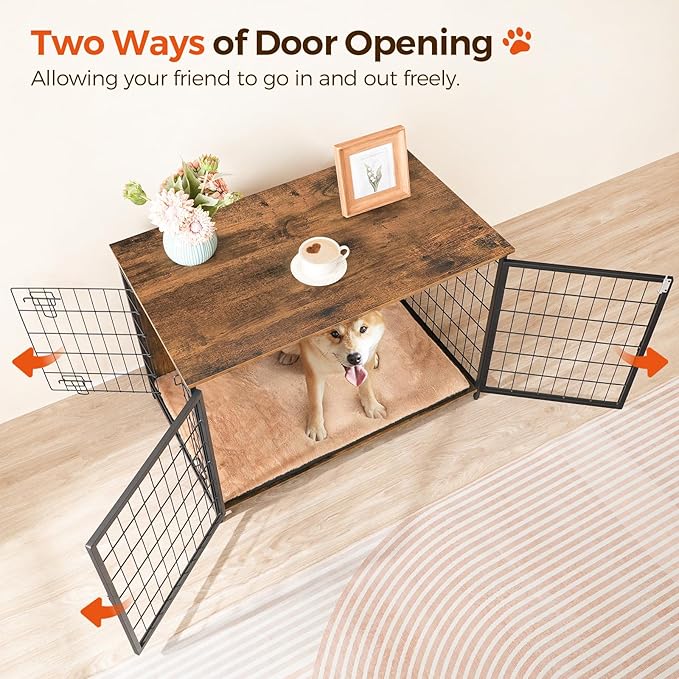 Dog Crate Furniture with Cushion, Wooden Dog Kennel with Double Doors, Heavy Duty Dog Cage for Small/Medium/Large Dogs, Indoor Dog House End Table, 39.4" L, Rustic Brown DCHR10701