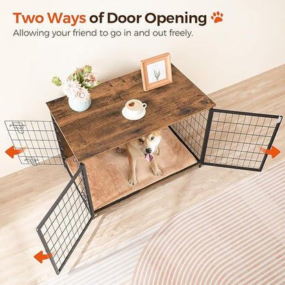 Dog Crate Furniture with Cushion, Wooden Dog Kennel with Double Doors, Heavy Duty Dog Cage for Small/Medium/Large Dogs, Indoor Dog House End Table, 39.4" L, Rustic Brown DCHR10701