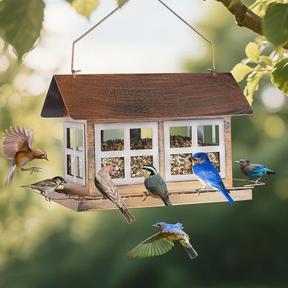 Bird Feeders, Heavy Duty Metal Bird Feeder for Outdoors Hanging, Weatherproof Large Capacity Wild Birdfeeder for Outside Garden Yard, Country House Shape (Double Window)