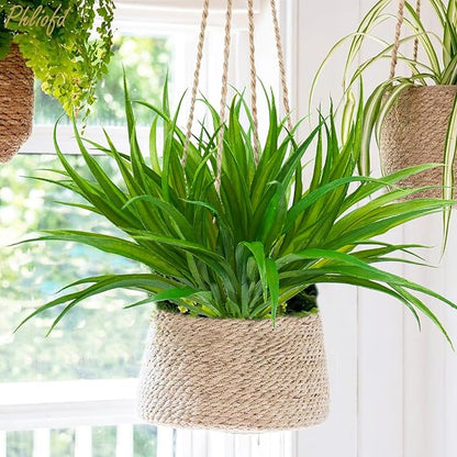 6Pcs Artificial Grass Fake Plants 17.3in 16 Leaves Outdoor Fake Grass UV Resistant Greenery Plastic Plants for Home Window Garden Office Patio Hanging Planter Pathway Front Porch Décor