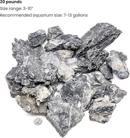 SubstrateSource Natural Stone for Aquarium, Terrarium, Paludarium, Reptile Enclosures - Set of Decorative Rocks for Landcapes, Aquascaping, Fish Tank Decor (Blue Seiryu Stone, 20 Pounds, 3-8")