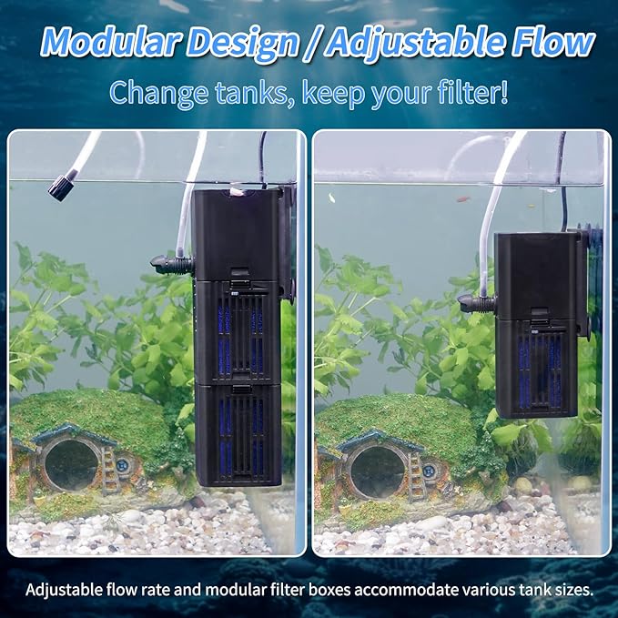 Aquarium Filter Water Flow Adjustable for 55-200 Gallon Fish Turtle Tank 400GPH Biochemical Filtration 4in1 Submersible Internal Powerful Pumps & Filters Keep Freshwater Saltwater Crystal Clear Large