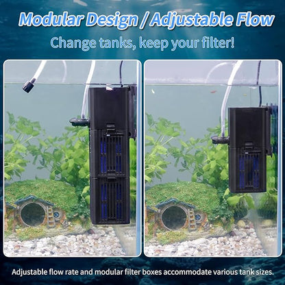 Aquarium Filter Water Flow Adjustable for 55-200 Gallon Fish Turtle Tank 400GPH Biochemical Filtration 4in1 Submersible Internal Powerful Pumps & Filters Keep Freshwater Saltwater Crystal Clear Large