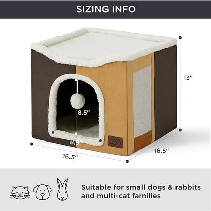 Bedsure Cat Beds for Indoor Cats - Large Cat Cave for Pet Cat House with Fluffy Ball Hanging and Scratch Pad, Foldable Cat Hideaway, 16.5x16.5x13 inches, Burnt Honeycomb