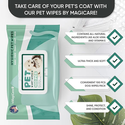 MAGICARE Dog Wipes for Paws, Butt, Ears & Eyes  100 Extra Wet & Thick Unscented Grooming Pet Wipes for Dogs & Cats  Deodorizing, Hypoallergenic  Made in USA