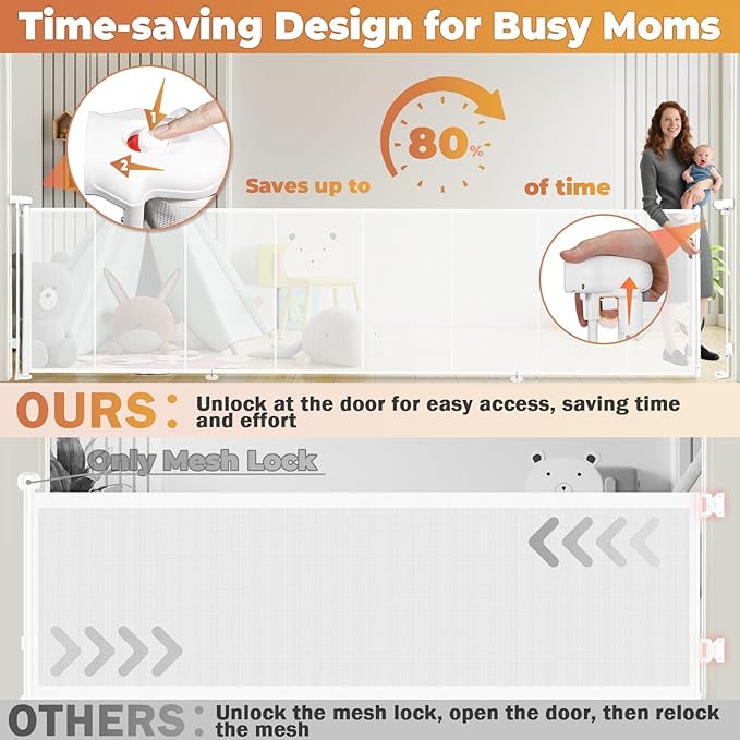 200" Retractable Baby Gates Dog Gate Extra Wide, 42" Tall Child Pet Safety Gate with Reinforced Strips for Stairs, Long Mesh Garage Gates Fence for Outdoor Indoor Large Openings Driveway Decks Patio